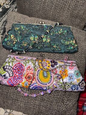 2 Beaded Floral Embroidered Clutch Bag - Green and Multicolor EUC